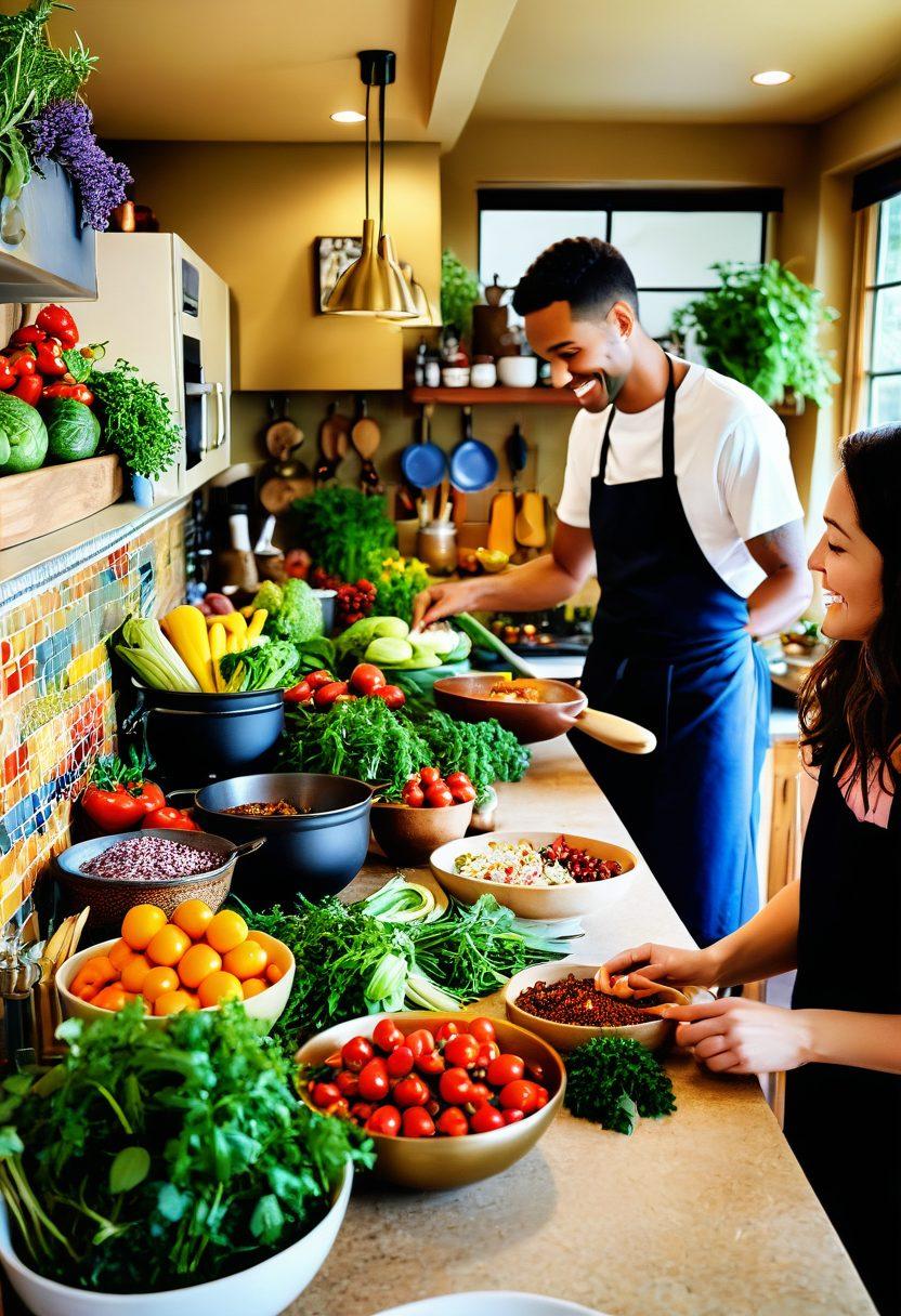 A vibrant kitchen scene with a diverse group of people passionately cooking together, exploring unique ingredients from around the world, colorful spices scattered on the counter, and smiling faces representing personal transformation through culinary experiences. The background showcases a lush garden filled with fresh herbs and vegetables. super-realistic. vibrant colors. warm lighting.