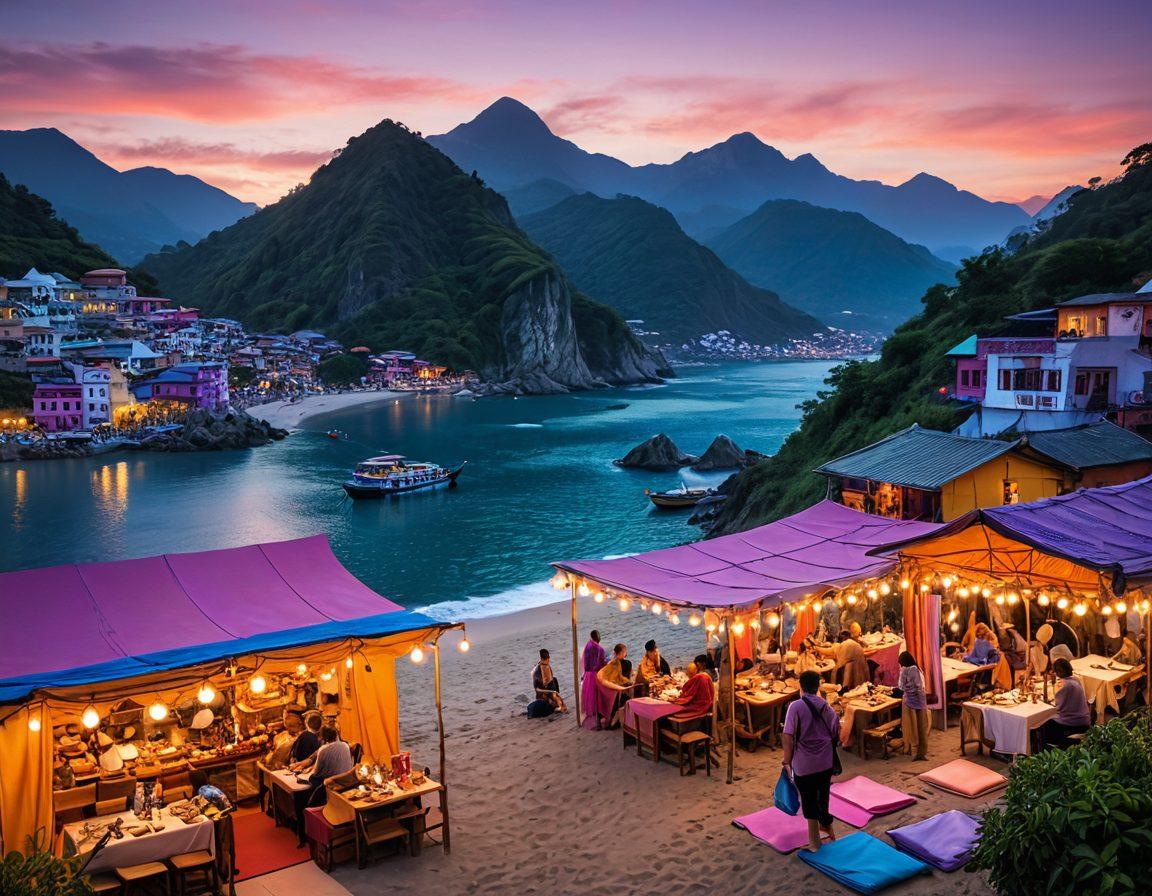 A breathtaking landscape showcasing diverse travel destinations such as mountains, beaches, and cityscapes. In the foreground, a person joyfully tasting local cuisine, surrounded by vibrant food stalls. Incorporate elements of lifestyle like yoga mats and books, symbolizing personal growth. The sky filled with colorful sunset hues, evoking a sense of adventure and self-discovery. vibrant colors. super-realistic.