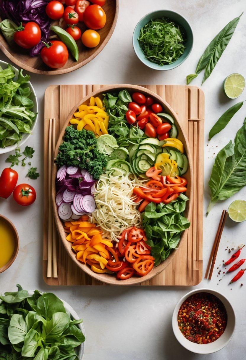 A beautifully arranged kitchen scene showcasing fresh, colorful ingredients like vegetables, herbs, and spices, alongside an open recipe book. Include a cutting board with chopsticks and a bowl of vibrant salad, hinting at healthy cooking. Soft, warm lighting to evoke a cozy atmosphere and a hint of greenery from houseplants in the background. watercolor style. bright colors.